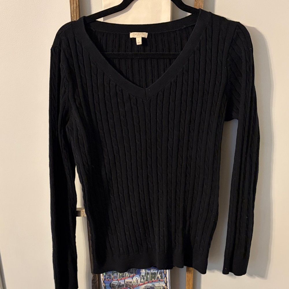 Talbots Black V-Neck Cable Knit Sweater